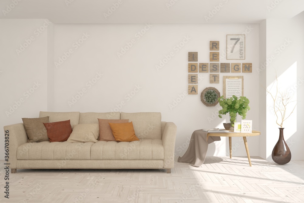 Fototapeta premium White modern room with sofa. Scandinavian interior design. 3D illustration