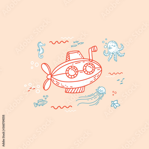 illustration with little submarine and sea creatures and animals