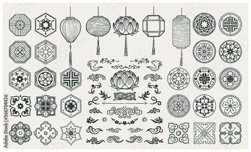 Set of hand drawn oriental elements. Asian lanterns and traditional patterns. photo