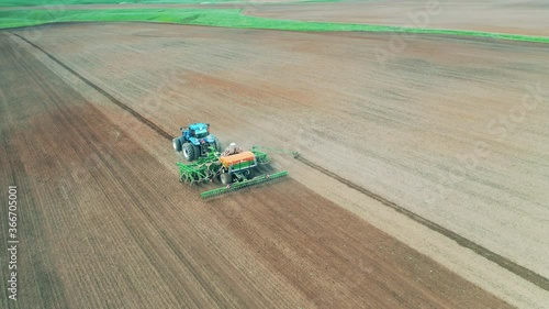 Top view of a seeding machine sowing the field