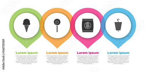 Set Ice cream in waffle cone, Lollipop, Hard bread chucks crackers and Grilled shish kebab. Business infographic template. Vector.