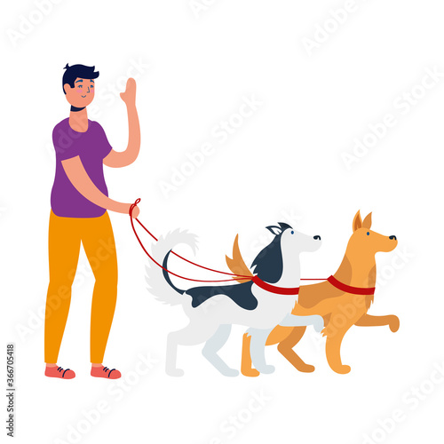 young man walking with dogs mascots
