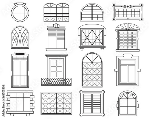 Different silhouettes of window frames flat icon set. Decorative vintage and modern window arches vector illustration collection. Architecture and construction concept