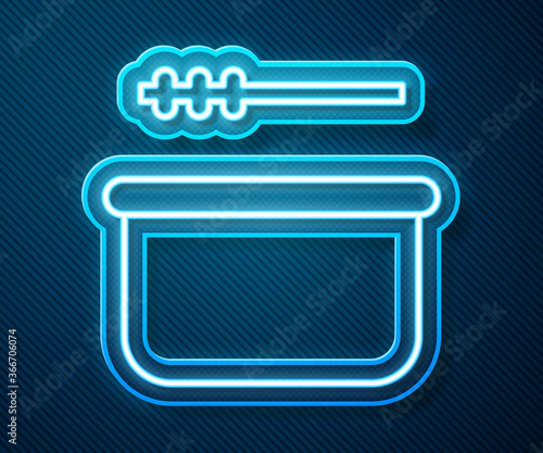 Glowing neon line Sauna bucket and ladle icon isolated on blue background. Vector Illustration.