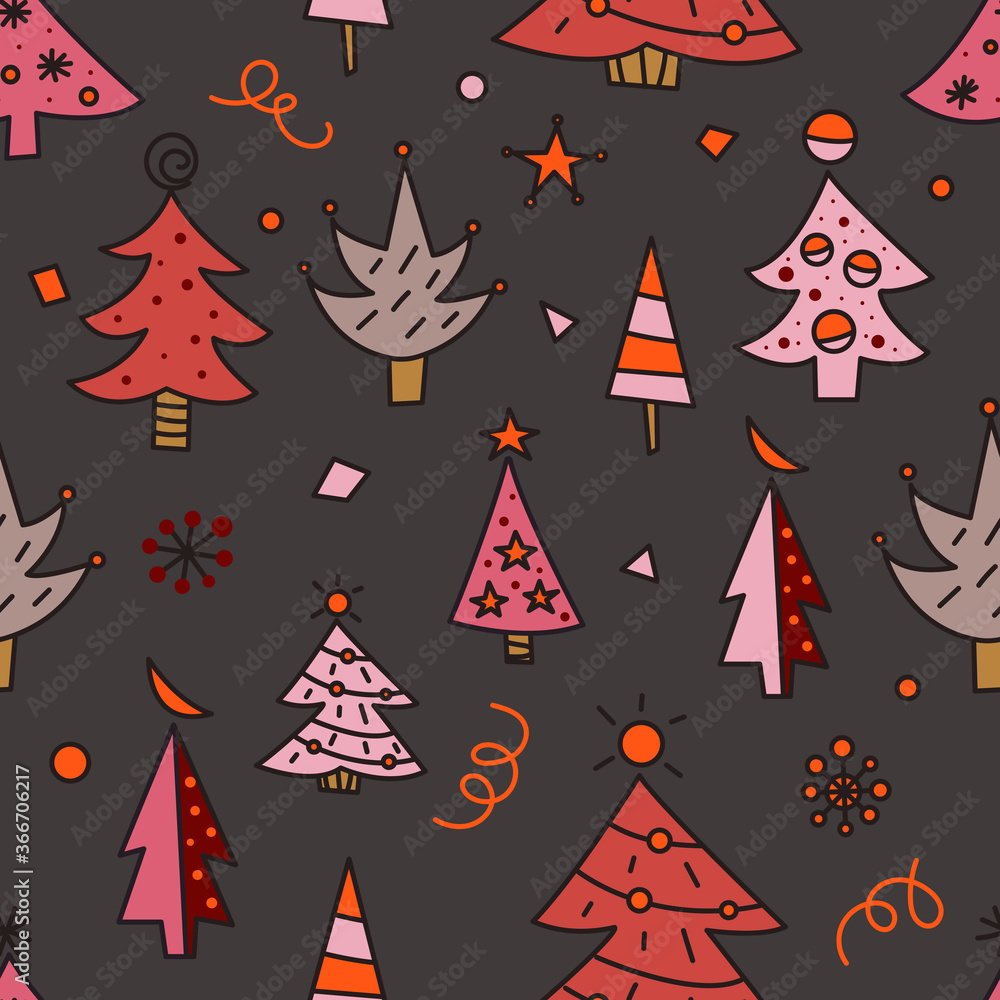 Christmas tree doodles seamless pattern