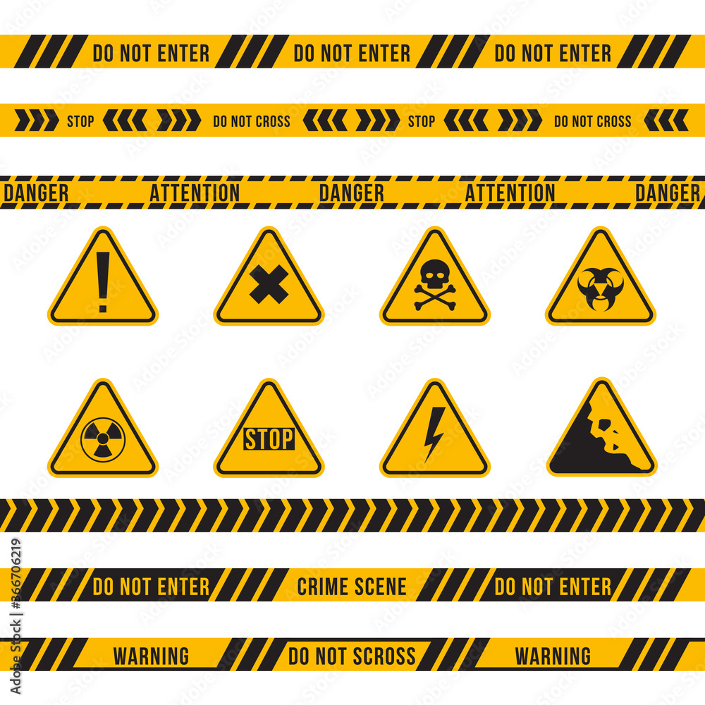 Different danger ribbon and sign flat icon set. Yellow attention, poison, high voltage, radiation, biohazard and falling warnings vector illustration collection. Accident and construction concept Different danger ribbon and sign flat icon set. Yellow attention, poison, high voltage, radiation, biohazard and falling warnings vector illustration collection. Accident and construction concept