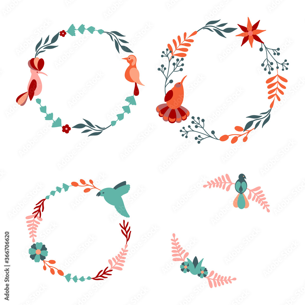 Set of stock beautiful floral wreath with bird. Vector decorative round frames with stylised flowers and bird. Decoration in naive Scandinavian style. Set of stock beautiful floral wreath with bird. Vector decorative round frames with stylised flowers and bird. Decoration in naive Scandinavian style.