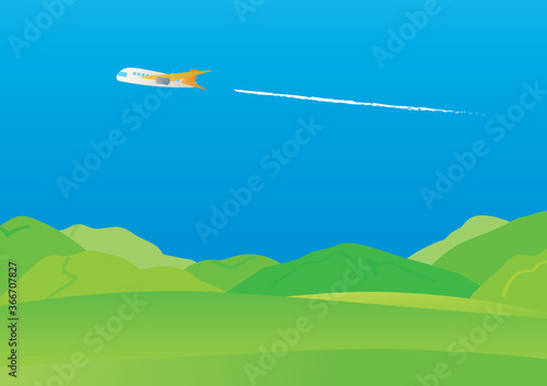 飛行機の飛ぶ夏の空背景イラスト