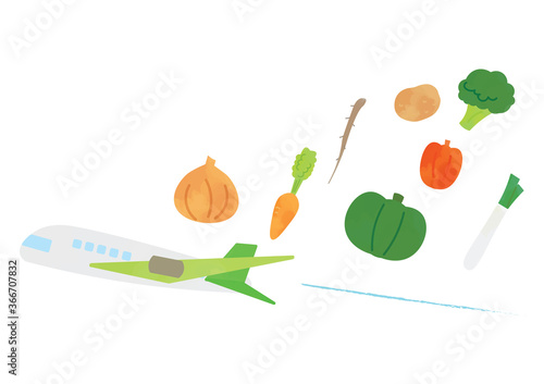 野菜を運ぶ飛行機　輸出のイラスト