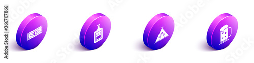 Set Isometric Stacks paper money cash, Whiskey bottle, Indian teepee or wigwam and Wooden beer mug icon. Vector.