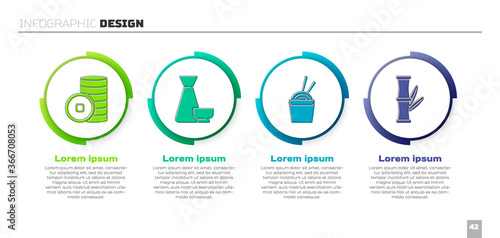 Set Chinese Yuan currency, Chinese tea ceremony, Asian noodles in paper box and chopsticks and Bamboo. Business infographic template. Vector.