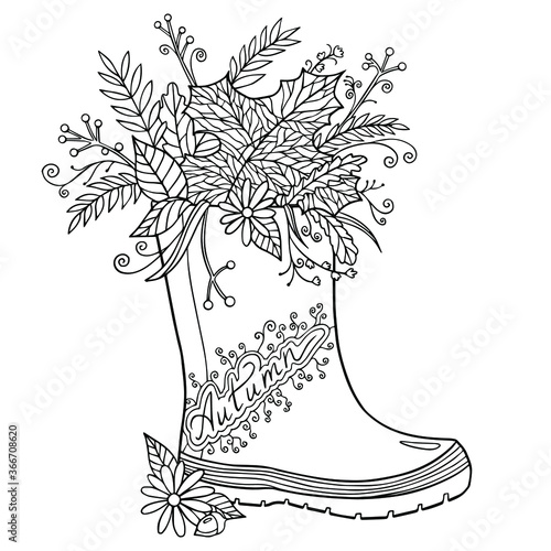 Autumn shoes coloring page. Rubber boots with bouquet of leaves and flowers. Coloring book for adults. Vector hand drawn illustration with doodle and zentangle elements. Isolated on white.