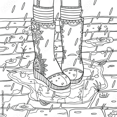 Rubber boots in rainy weather. Coloring book page for adults. Autumn shoes in puddles. Vector  line art with doodle and zentangle elements for meditation and relax. Isolated illustration.