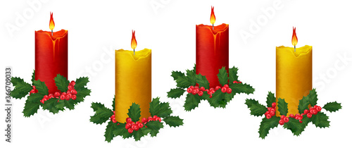 Bright big Advent candles. Colorful Christmas clip art set on white background