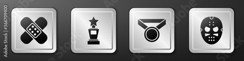 Set Crossed bandage plaster, Award cup, Medal and Hockey mask icon. Silver square button. Vector.