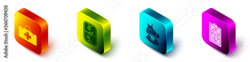 Set Isometric First aid kit, Air hockey table, Skates and Planning strategy icon. Vector.