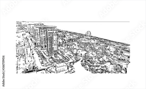 Building view with landmark of Volgograd, formerly Stalingrad, is a city in southwest Russia. Hand drawn sketch illustration in vector.