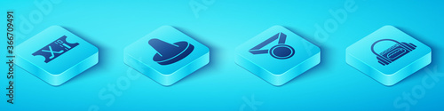 Set Isometric Hockey sports ticket, Mallet for playing air hockey, Sport bag and Medal icon. Vector.