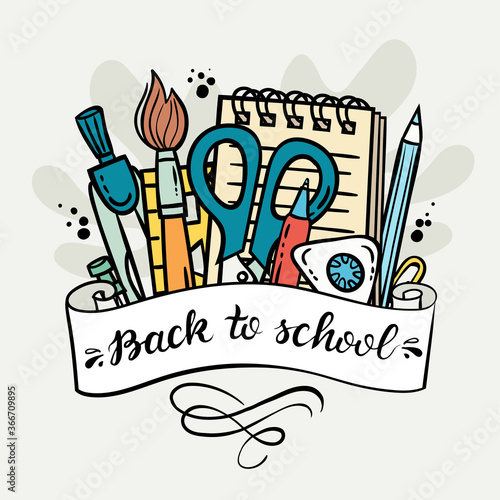 Vector cartoon poster with lettering on the theme of back to school and education. Background with colorful stationery. Line art for use in design