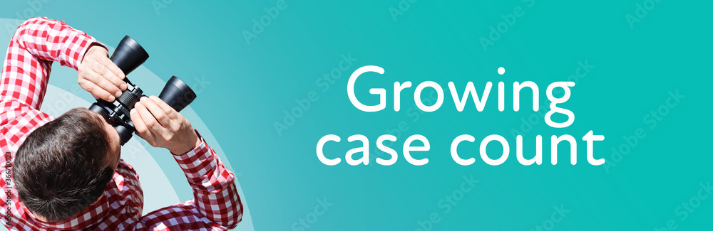 Naklejka premium Growing case count. Businessman (man) looks through binoculars. Birds eye view. Focus on text. Blue Background. Business, Finance, Statistics, Analysis, Economy