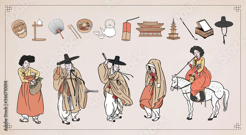 Set of Korean traditional objects. People wearing Korean traditional clothes(Hanbok). Vector illustration. 