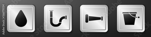 Set Water drop, Industry metallic pipe, Industry metallic pipe and Bucket icon. Silver square button. Vector.