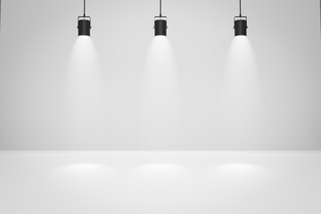Empty white studio backdrops and spotlight on entertainment room background with showing scene. White product display or blank room. 3D rendering.