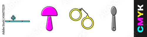 Set Opium pipe, Psilocybin mushroom, Handcuffs and Heroin in a spoon icon. Vector.