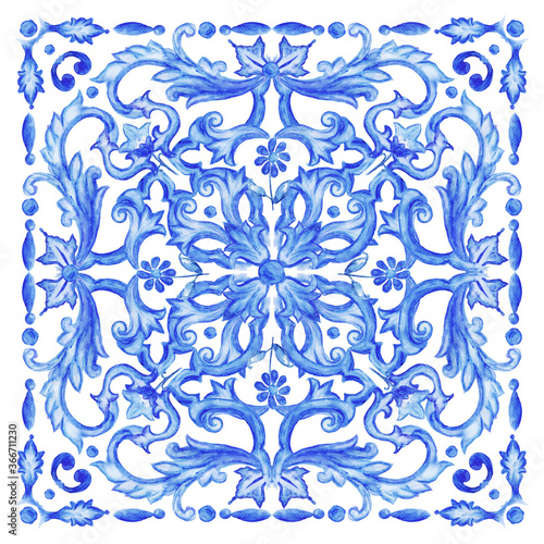 Azulejos - Portuguese tiles blue watercolor pattern. Traditional tribal ornament. Capri Maiolica