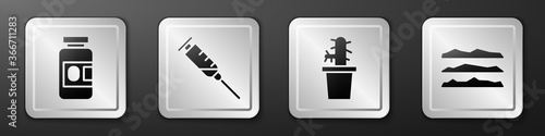 Set Medicine bottle and pills, Syringe, Cactus peyote in pot and Cocaine or heroin drug icon. Silver square button. Vector.