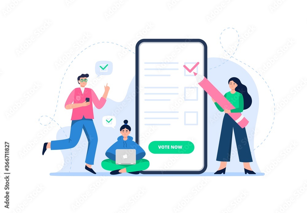 E-voting concept. A man and women vote online pros and cons. Online voting, freedom of choices, democracy concept. Flat vector illustration can be used for landing page, web, UI, banner.