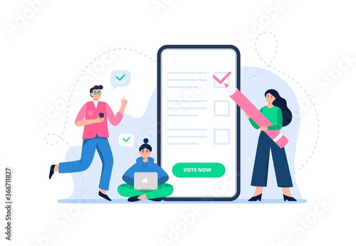 E-voting concept. A man and women vote online pros and cons. Online voting, freedom of choices, democracy concept. Flat vector illustration can be used for landing page, web, UI, banner.