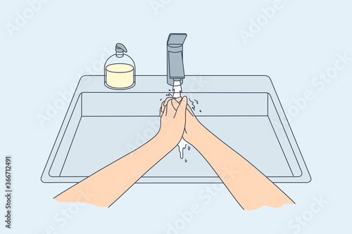Hygiene, disinfection, cooking, coronavirus, protection concept. Woman or man washing hands with soap in sink at home on quarantine. Preventive measures from covid19 desease infection illustration.