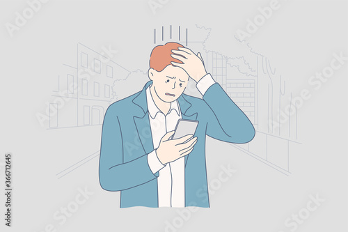 Depression, fatigue, mental stress, frustration concept. Young depressed frustrated stressful businessman clerk manager holding smartphone. Psychological problems or headache and bad news illustration