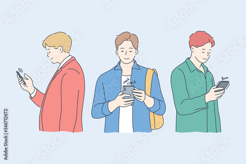 Communication, technology, media, friendship concept. Men guys teenagers friends characters chatting together in social network with smartphones. Youth culture modern lifestyle mobile phone addiction.