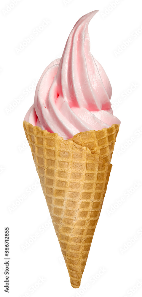 Strawberry whipped soft ice cream or frozen custard in cone isolated on white background. Including clipping path. Strawberry whipped soft ice cream or frozen custard in cone isolated on white background. Including clipping path.