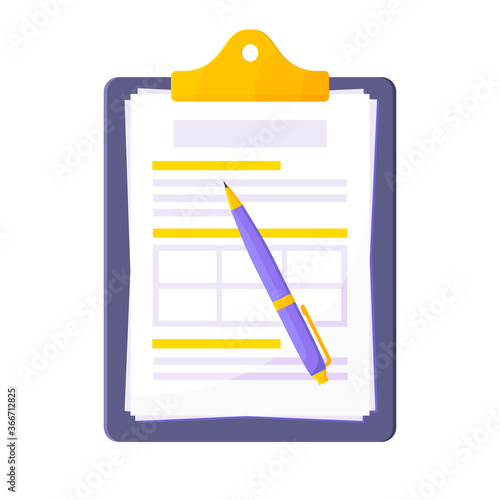 Clipboard with claim form on it, paper sheets, pen isolated on white background flat style design vector illustration. Concept of fill out or online survey insurance application form.