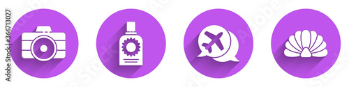 Set Photo camera, Sunscreen spray bottle, Speech bubble with airplane and Scallop sea shell icon with long shadow. Vector.