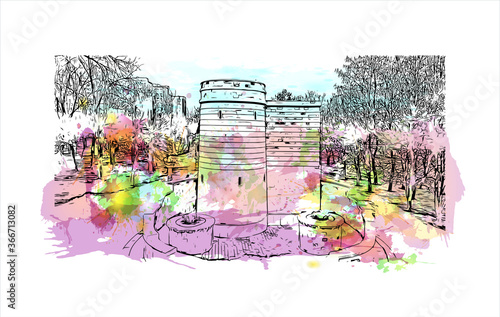 Building view with landmark of Volgograd, formerly Stalingrad, is a city in southwest Russia. Watercor splash with  hand drawn sketch illustration in vector.
