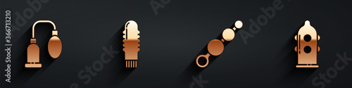 Set Penis pump, Dildo vibrator, Anal beads and Condom icon with long shadow. Vector.