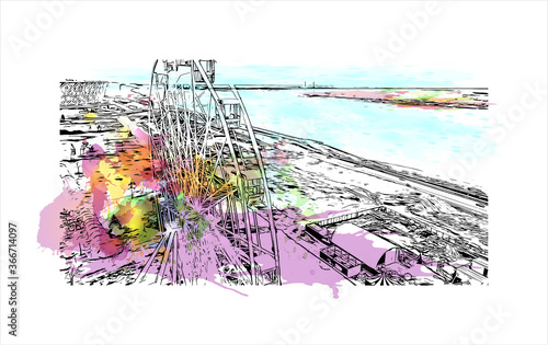 Building view with landmark of Volgograd, formerly Stalingrad, is a city in southwest Russia. Watercor splash with  hand drawn sketch illustration in vector.