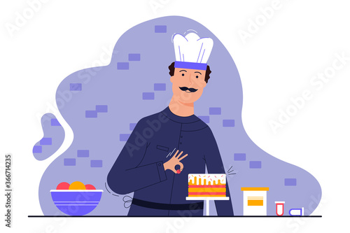 Cooking, decoration, profession, creativity, work concept. Young man guy cooker confectioner preparing decorating cake in restaurant kitchen. Creative occupation or making delicious tasty sweet pastry