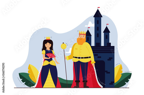 History, monarchy, cosplay, dramatization concept. Young woman queen in tiara and old man king with crown and scepter royal characters standing together near castle. Reenactment of historical event