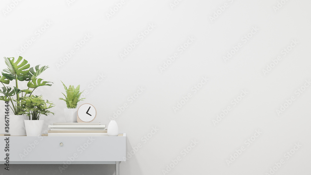 Plant in flower pot on desk near empty wall. 3d rendering of white home interior. Plant in flower pot on desk near empty wall. 3d rendering of white home interior.