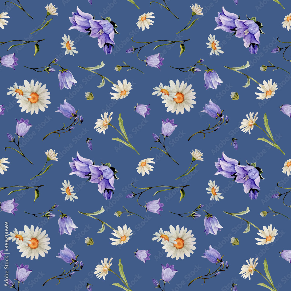 Watercolor seamless pattern with bluebells flowers, chamomile, arrangements, leaves and herbs