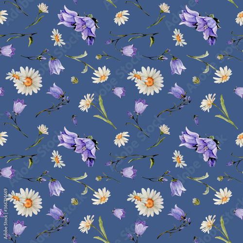 Watercolor seamless pattern with bluebells flowers, chamomile, arrangements, leaves and herbs