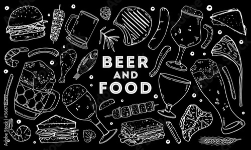 Beer and food set. Drink glasses, burger, sandwiches, meat, sea food. Hand drawn outline vector sketch illustration on black background