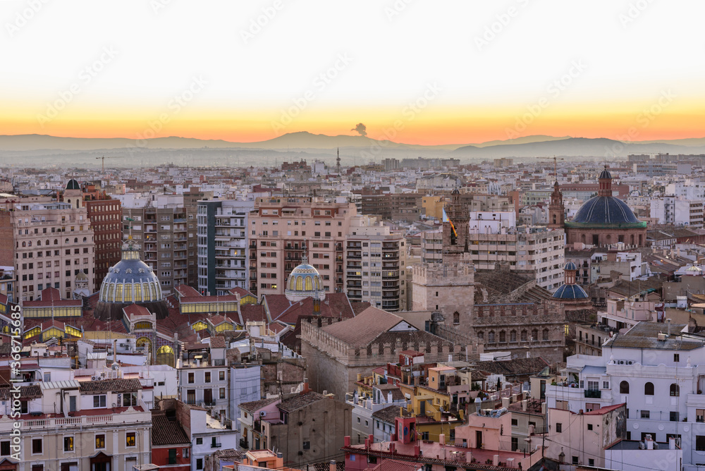 Sightseeing of Spain. Aerial view of Valencia at sunset, cityscape of Valencia.