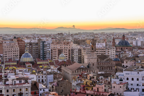 Sightseeing of Spain. Aerial view of Valencia at sunset  cityscape of Valencia.