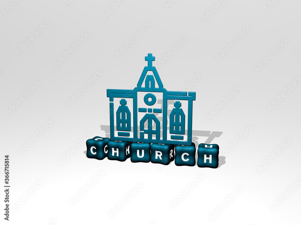 3D representation of CHURCH with icon on the wall and text arranged by metallic cubic letters on a mirror floor for concept meaning and slideshow presentation. architecture and building